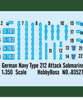Decal set for 1/350 German Navy U212 Submarine Dunker Model Kit For RC Hobbyists, with various insignia and identification numbers.