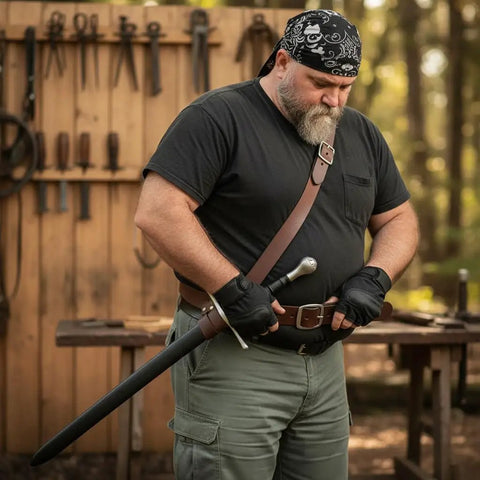 Man wearing adjustable genuine leather sword belt for costume and LARP, hand stitched top grain, brown waist strap, fits 38 to 54 inches