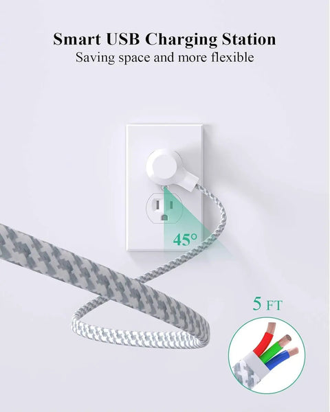 Two Pack Six Outlet Surge Protector Power Strip showing 45-degree flat plug with braided 5 ft extension cord flexibility
