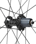 Close-up of hub and spokes on Dura-Ace Wh-R9270 C36 Carbon Road Wheelset 700c Tubeless Ready With 36mm Aero Depth, 21mm Internal Width, Hooked Rim.