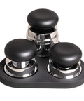 Hit That Perfect Pull Every Session With This 58 Mm Espresso Accessories Kit Featuring A Loaded Calibrated Tamper Plus Precision Stirrer Distribution Tool And Secure Magnetic Mount For Dope Home Cafe Gear. Black espresso tamper and distributor set with chrome accents.
