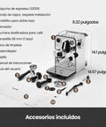 Kickstart Your Day With This Solid Gear Semi Automatic Espresso Maker Featuring A Dope Milk Frother Steam Wand And Spacious 57 Oz Tank For Smooth Daily Lattes And Cappuccinos, showing included accessories and dimensions.