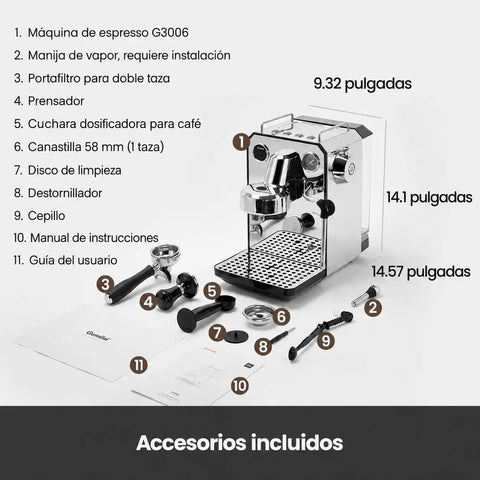 Kickstart Your Day With This Solid Gear Semi Automatic Espresso Maker Featuring A Dope Milk Frother Steam Wand And Spacious 57 Oz Tank For Smooth Daily Lattes And Cappuccinos, showing included accessories and dimensions.