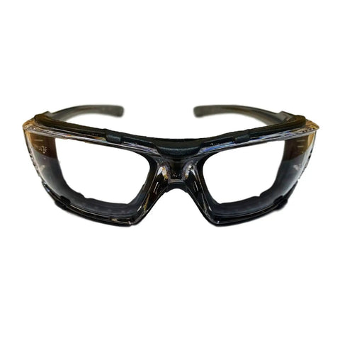 Oversized Anti Fog Safety Goggles Featuring Vented Temple Slots And Hella Soft Eva Foam Seal For No Sweat Wraparound Vision And Knockout Job Site Protection Pack Of Twelve, front view with clear lenses.