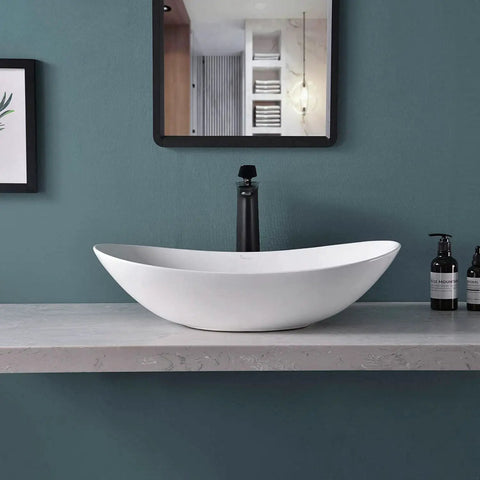 Oval Vessel Sink White Porcelain Ceramic Modern Above Counter Bathroom Basin With Pop Up Drain Included 23.6 Inch Long