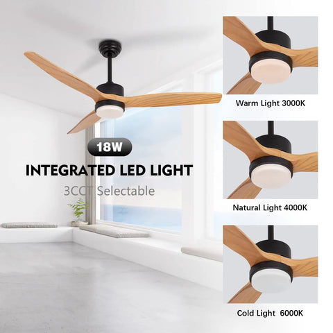 52 Inch Ceiling Fan With Remote Control And Lights 3 CCT 22W Black Indoor Outdoor Ceiling Fan With 3 Wood Blades For Patio