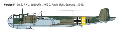 Side view illustration of Dornier Do 217 K1 K2 Bomber Model Kit with Fritz X Guided Bombs 1 72 Scale Unpainted Plastic