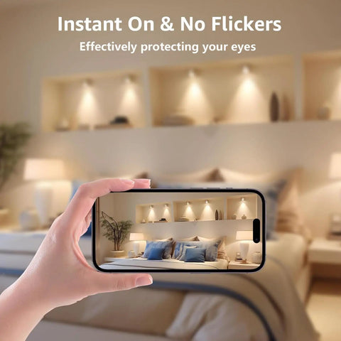 Smartphone displaying room with G4 Halogen Bulbs 12V 20W Dimmable Warm White 2700K under-cabinet lighting.