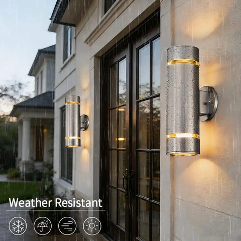 Dope Modern Cylinder Outdoor Wall Light Stainless Steel Porch Sconce With Nickel Finish on house exterior in rain
