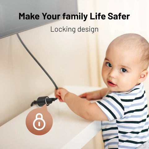 Baby holding Six Foot Indoor Outdoor Extension Cord With Flat Plug Locking 35 Degree Plug Three Prong Grounded 16 AWG