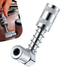 Close-up of 90 Degree Right Angle Grease Gun Coupler for Tight Spaces in use, showing heavy-duty construction and 3-jaw adapter.