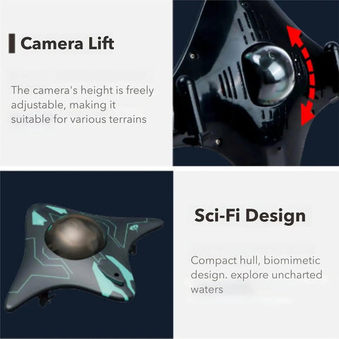 Pro Grade Underwater Drone With Bionic Manta Ray Design, Real Time Video Transmission, close-up of adjustable camera lift.