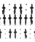 Black 100 pack J hooks installed on white pegboard, showing Pegboard Hooks Kit 100 Pack J Hooks Assortment Black No Split Barbs Snag Free