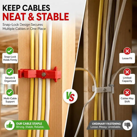 Premium Cable Staples Set 100 Count Insulated Nails Secure NM Wire Coax Cat 5 And Data Lines Safe Fast Install For Drywall Wood Brick Home Theater Setup. Snap-lock design shown securing multiple cables.