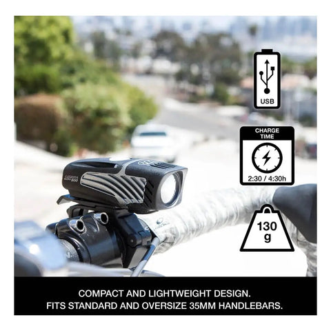 Micro 900 Front Bike Light LED USB Rechargeable Water Resistant for Mountain Road City and Urban Cycling on handlebars.