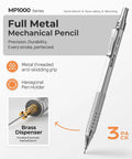 0.7mm Metal Mechanical Pencil Set With Case Three Pack MP1000 Pro Grade Drafting Kit showing silver metal pencil and threaded grip.