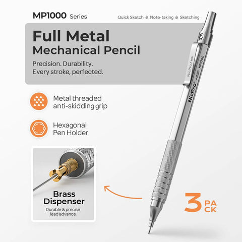 0.7mm Metal Mechanical Pencil Set With Case Three Pack MP1000 Pro Grade Drafting Kit showing silver metal pencil and threaded grip.