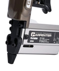 Close-up of Strong Armed Pneumatic 23 Gauge Pin Nailer forged from hardened aluminum, focusing on nose and gauge markings.