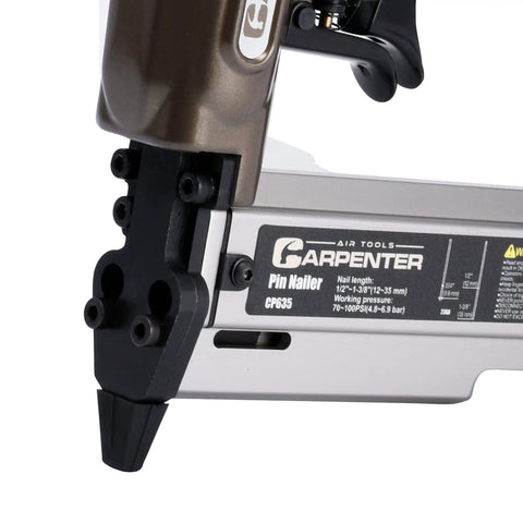Close-up of Strong Armed Pneumatic 23 Gauge Pin Nailer forged from hardened aluminum, focusing on nose and gauge markings.