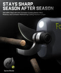 Y10 Pro Cordless Electric Pruning Shears with SK5 Steel Blade cutting branch, LED display, and spare blade icon, brushless motor focus