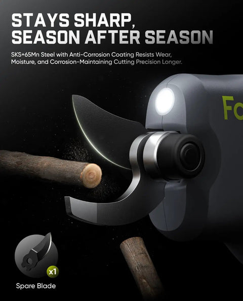 Y10 Pro Cordless Electric Pruning Shears with SK5 Steel Blade cutting branch, LED display, and spare blade icon, brushless motor focus