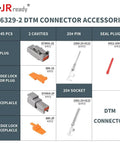 Diagram showing components of Beefy DTM 2-Pin Waterproof Sensor Connector Kit 4 Pairs With 20 AWG Stamped Terminals and Sealed Plugs.