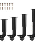 Adjustable Metal Furniture Legs With Swivel Casters, 4 Pack, shown with screws and adjustable height feature.
