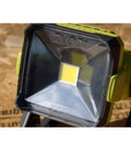 Close-up of 18V Dual Power LED Work Light with 20 Watt LED showcasing the front lens and housing on a wooden surface.