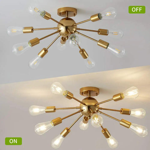 Rock A Killer Look With This Ten Light Gold Sputnik Chandelier Mid Century Modern Semi Flush Mount Ceiling Light In Brushed Brass Finish