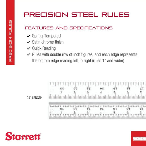 Pro Grade Spring Tempered Steel Ruler With Satin Chrome Finish For Quick Reading Inch Graduations 24 Inch Length 4R Scale