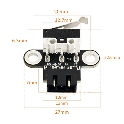 Horizontal Mechanical Limit Switch Module For 3D Printers With Three Pin Connector And One Meter Cable dimensions diagram