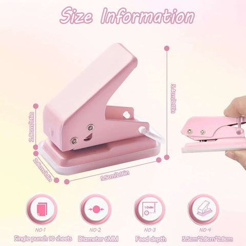 2 Pack Mini Hole Punch 6mm Circle Holes Ultra Compact 10 Sheet Capacity Pocket Sized Puncher For Paper Card Stock Index Cards Chipboard And Crafts Pink And Purple, side view with dimensions