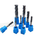 Set of 8 CNC square-nose end mills, 2-12 mm shanks, 4-flute carbide tungsten steel, with blue storage holders.