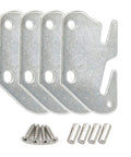 Rock Solid Wood Bed Plates And Rail Hook Plates For Quick Bed Frame Repair With Tough As Nails Iron Construction And Smooth Nickel Finish Includes Complete Four Piece Hardware Kit, showing four iron plates and screws.