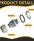 No Sweat 3/4 Inch Liquid Tight Conduit Connectors Straight Shape Grey Nylon 6 Build parts showing main body, dome nut, and EPDM washer.