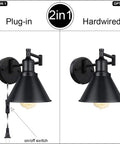2 In 1 Plug In Or Hardwired Swing Arm Wall Light Sconce In Industrial Black Finish With Adjustable Arm E26 Base Socket Fits A Bunch Of Bulbs Up To 40 Watts showing plug-in and hardwired options