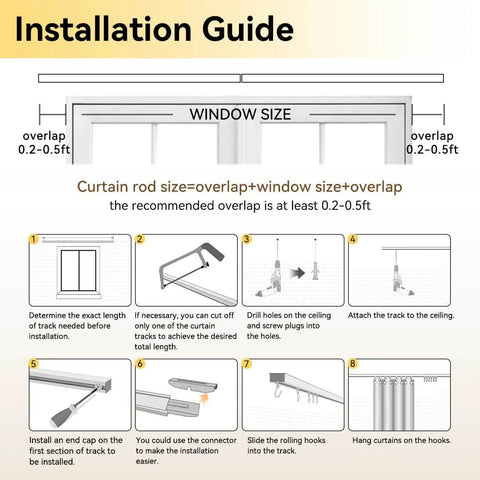 Installation guide for Ceiling Curtain Track For Room Divider, Aluminum Ceiling Mount Rail Set With Roller Hooks, White Finish, 6Ft To 9Ft, Heavy Duty, Smooth Glide, Classy Design For Home Office And Studio Space showing steps and measurements.