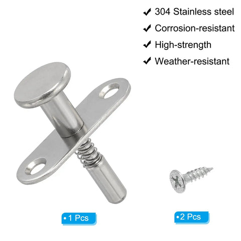 Badass Heavy Duty Spring Loaded Plunger Latches for Cabinets and Furniture Built Tough From Rust Proof Stainless Steel With Rock Solid M4 Mounting Screws Pack of Two Silver, showing 304 stainless steel construction.