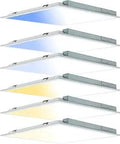 6 Pack 2x2 LED Flat Panel Lights for Drop Ceiling With 3000K 4000K 5000K Color Temperatures, shown in varying light colors.