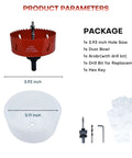 4-inch hole saw kit with dust bowl catcher; red bi-metal saw, white dust bowl, arbor with drill bit, hex key, gloves
