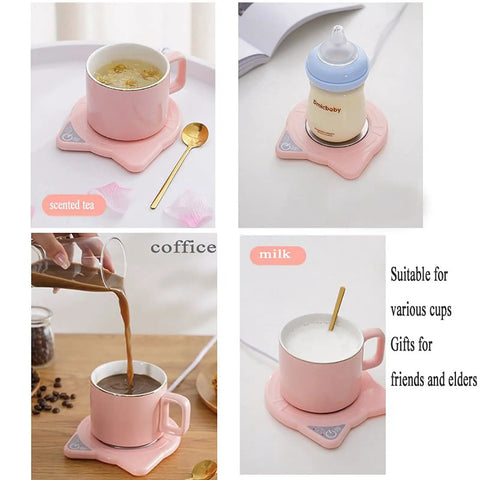 Keep Your Daily Grind Toasty With This Rapid Heating Desk Coffee Warmer Featuring Smart Temperature Controls Dual Timer Auto Shutoff And An Anti Slip Plate For Zero Mess Sipping, pink mug with scented tea and milk.