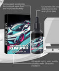 Box and bottle of DIY Windshield Crack Repair Kit For Chips And Stars Quick Glass Fix on table with application tools.