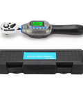 Hot Digital Torque Wrench 3/8 Inch Electric Tool, Accurate Chrome Steel With Light Blue Backlit Display, ±2% Precision For Motorcycle And Bike Repair, Tightening Bolts With Ease., displayed with protective case.