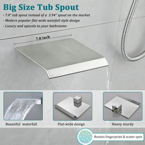 Brushed Nickel All Metal Wall Mounted Shower Faucet Set With Waterfall Tub Spout And High Pressure Handheld Spray Top Notch Dual Outlet Bath Shower Combo With Valve Trim Kit Included Easy Install showing 7.8-inch wide-flat waterfall spout detail