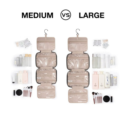 Comparison of medium and Ultra Large Toiletry Organizer Bag With Hook Water Resistant Travel Cosmetic Case Big Capacity Dopp Kit With 4 Zip Compartments