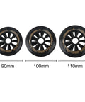 Six Pack Inline Skate Wheels 90mm 100mm 110mm Set 85A Replacement for Roller Blades White 100mm Wheels displayed with size markings
