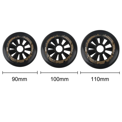 Six Pack Inline Skate Wheels 90mm 100mm 110mm Set 85A Replacement for Roller Blades White 100mm Wheels displayed with size markings