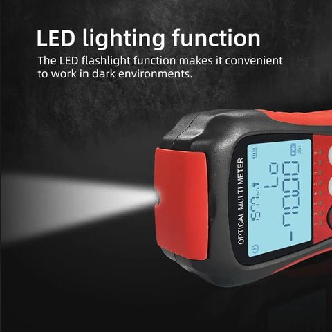 4-In-1 Optical Power Meter, Visual Fault Locator And RJ45 Tester showing LED lighting for dark environments, side view.