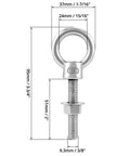 Diagram showing dimensions of Threaded Eyebolts 10 Pack 3/8 X 2 Inches, 304 Stainless Steel Marine Grade Shoulder Eye Bolt with threads and nuts.