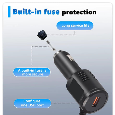 5V Car Charger With USB Port For Rand McNally GPS TND Tablet 85 740 750 And OverDryve 7 8 Pro RV Truck GPS Systems showing built-in fuse feature.